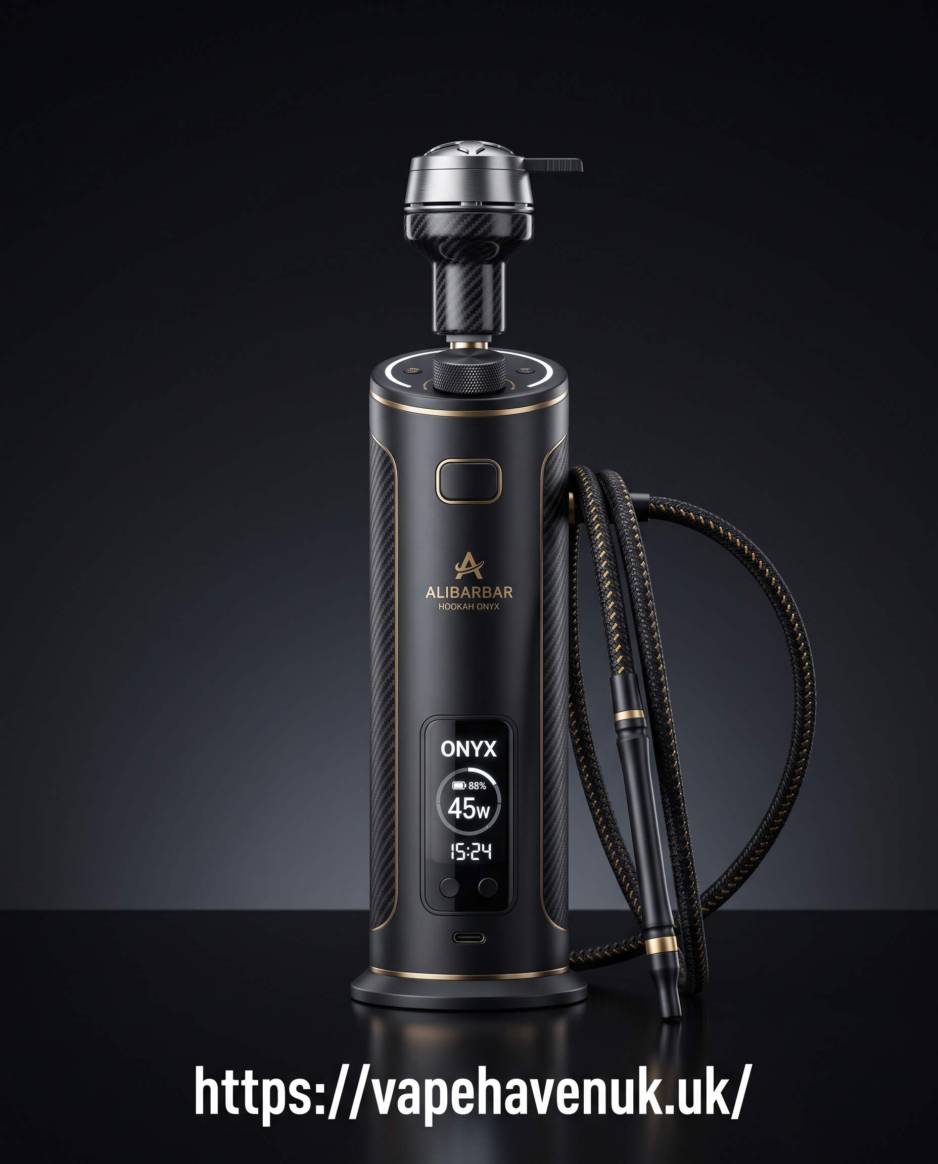 Alibarbar Hookah Onyx UK, a stylish rechargeable hookah-style device with Type-C charging, modern design and multiple flavour options for adult customers.